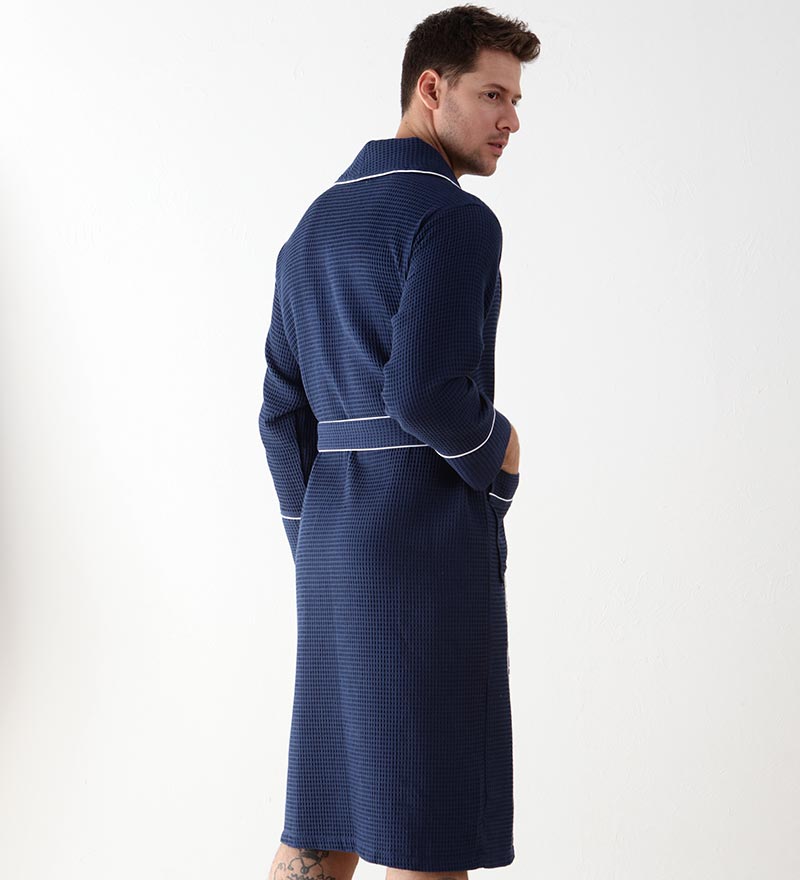 Men's Navy Luxury Long Waffle Bathrobe