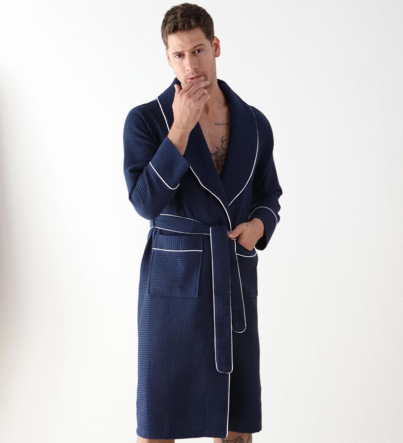 Men's Navy Luxury Long Waffle Bathrobe