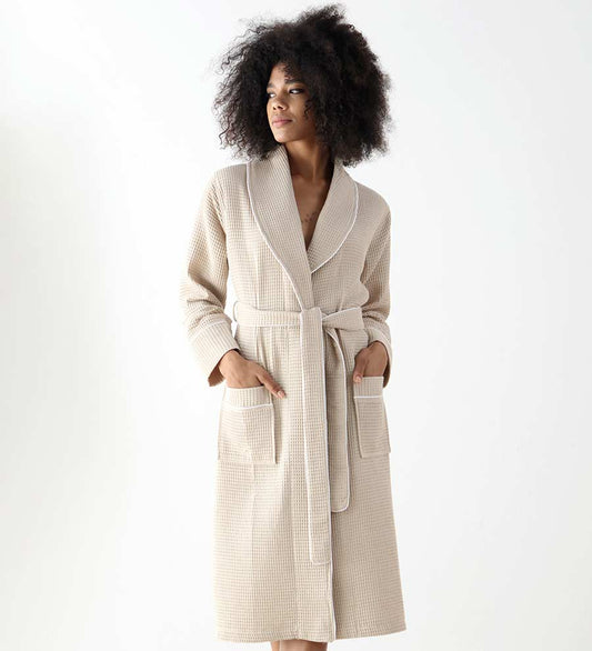 Women's Beige Luxury Long Waffle Bathrobe